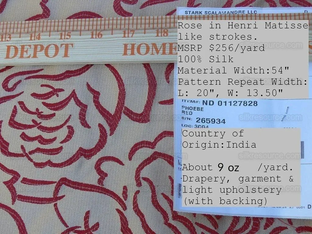 Scalamandre Phoebe Red Silk Brocade Rose Matisse Drawing Flora MSRP USD 256