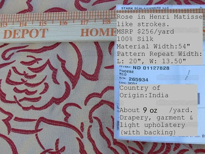 Scalamandre Phoebe Red Silk Brocade Rose Matisse Drawing Flora MSRP USD 256