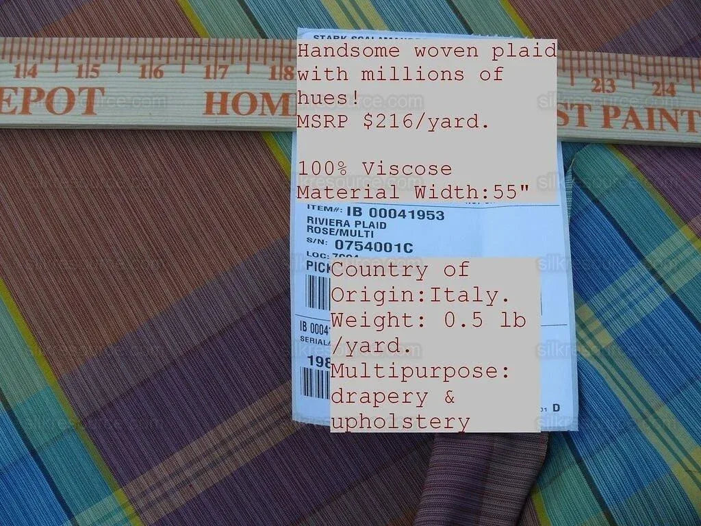 Scalamandre Riviera Plaid Fh Rose/multi  Colorful Rainbow Mediterranean MSRP USD 216/Y