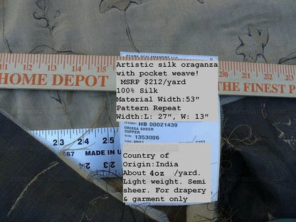 Scalamandre  Grey Watkins Orissa Semi Sheer Copper Silk Double Organza Damask Tulip Wildflower MSRP USD 212/Y