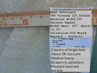 Scalamandre Fonthill Maplewood Cream White Damask Foliage Maple Leaves MSRP USD 204/Y