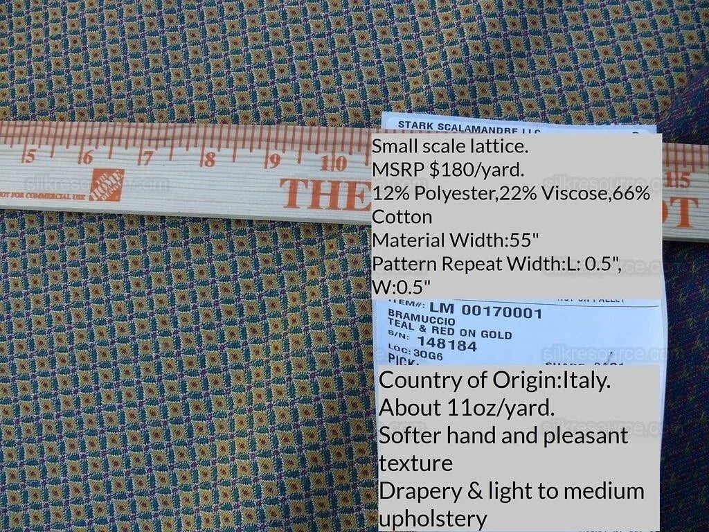 Scalamandre Bramuccio Teal &amp; Red Gold Small Lattice Diamond Peacock MSRP USD180/Y