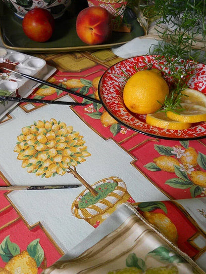 Tyler Hall "lemoncello" Lemon Tree Mandarin Bamboo Red Lattice On Cotton Satin Orangery Greenhouse by Dennis Lee