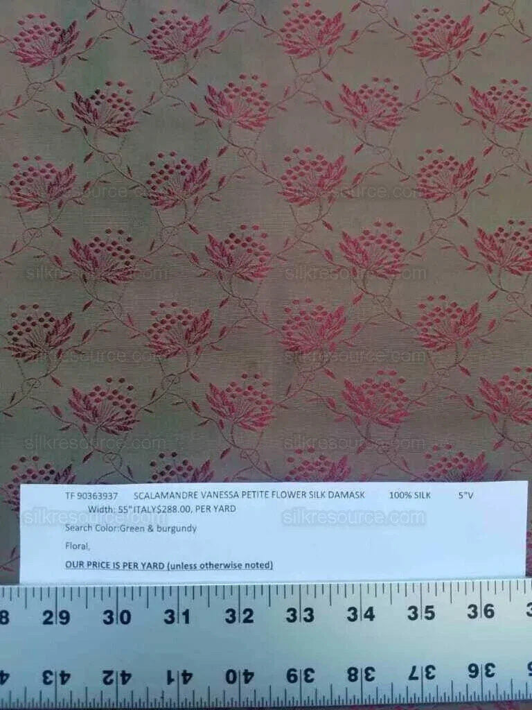 Bty Scalamandre Vanessa 100% Silk Lampas Petit Flower Red Green MSRP USD 288/Y