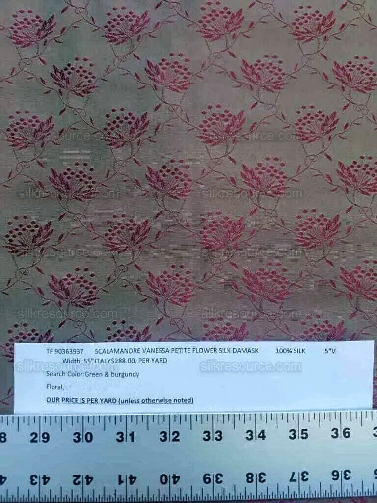 By yard Scalamandre Vanessa 100% Silk Lampas Petit Flower Red Green MSRP USD 288/Y