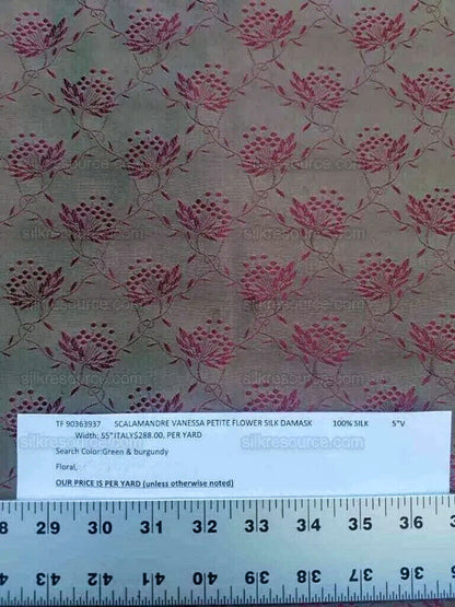 By yard Scalamandre Vanessa 100% Silk Lampas Petit Flower Red Green MSRP USD 288/Y