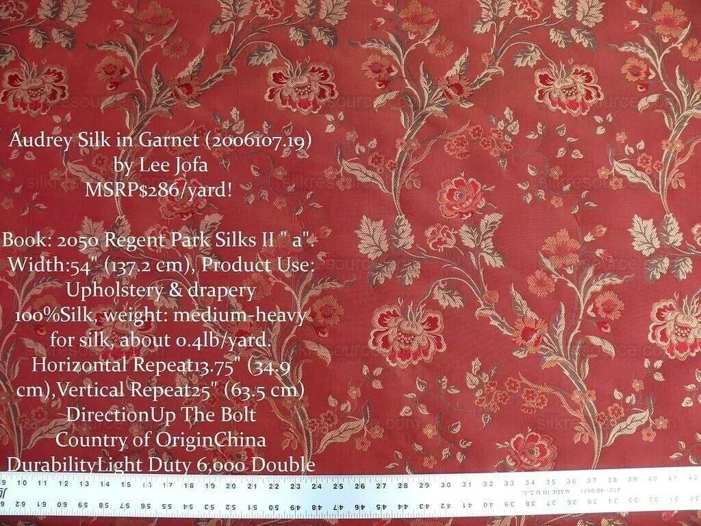 Lee Jofa Audrey 100% Silk Lampas Garnet Red Carnation Rose French Rococco MSRP USD286/yard