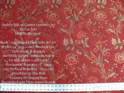 Lee Jofa Audrey 100% Silk Lampas Garnet Red Carnation Rose French Rococco MSRP USD286/yard