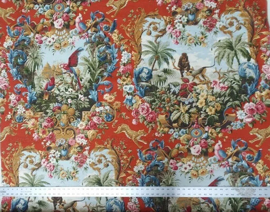 By 26"L Scalamandre Fonthill Paradiso Indiano Tomato Red Exotic Leopard Parrot Safari Bird Print Cotton Green Red Orange blue MSRP USD558/yard