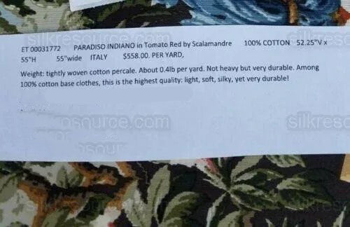 By 26"L Scalamandre Fonthill Paradiso Indiano in Tomato Red Exotic Leopard Parrot Safari Bird Print Cotton Green Red Orange blue MSRP USD558/yard