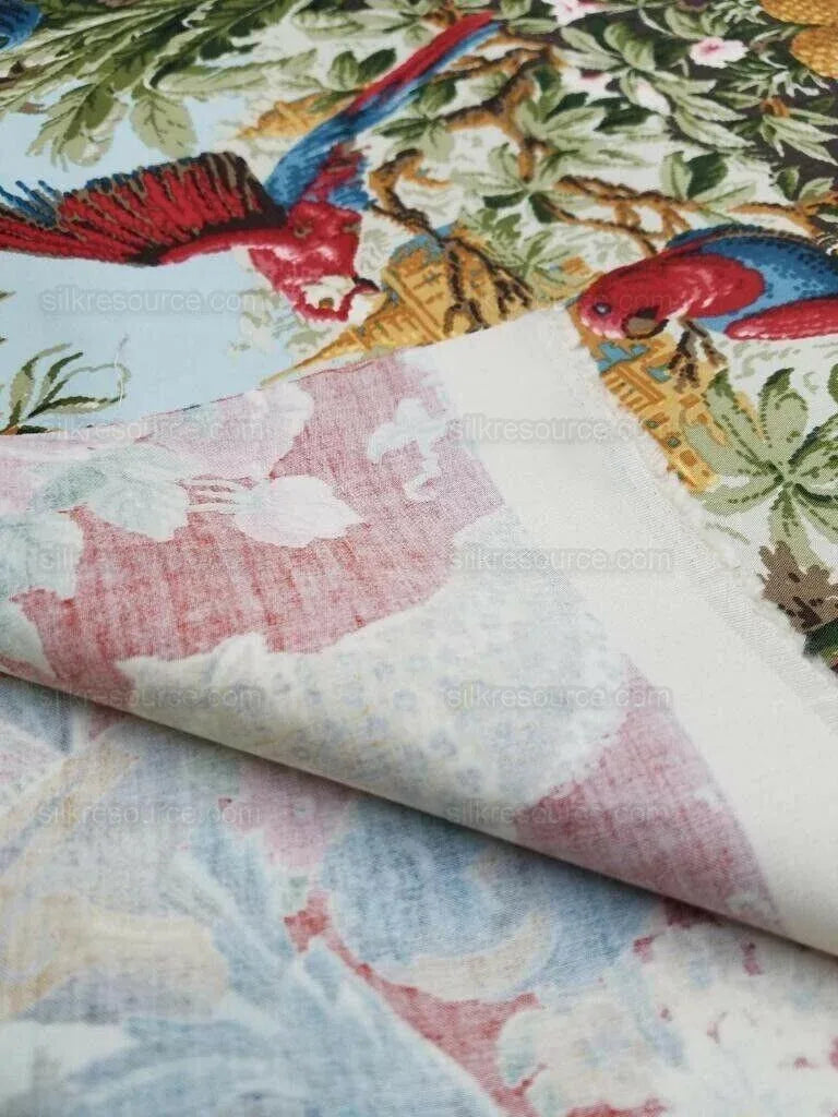 By 26"L Scalamandre Fonthill Paradiso Indiano Tomato Red Exotic Leopard Parrot Safari Bird Print Cotton Green Red Orange blue MSRP USD558/yard