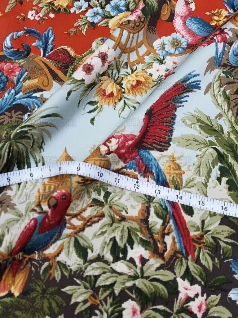 By 26"L Scalamandre Fonthill Paradiso Indiano Tomato Red Exotic Leopard Parrot Safari Bird Print Cotton Green Red Orange blue MSRP USD558/yard
