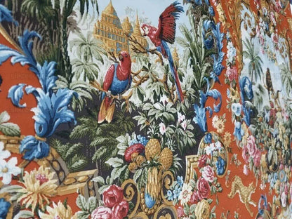 By 26"L Scalamandre Fonthill Paradiso Indiano Tomato Red Exotic Leopard Parrot Safari Bird Print Cotton Green Red Orange blue MSRP USD558/yard