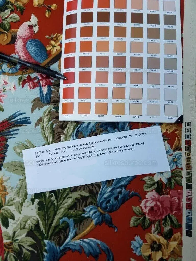 By 26"L Scalamandre Fonthill Paradiso Indiano in Tomato Red Exotic Leopard Parrot Safari Bird Print Cotton Green Red Orange blue MSRP USD558/yard