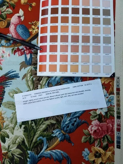 By 26"L Scalamandre Fonthill Paradiso Indiano in Tomato Red Exotic Leopard Parrot Safari Bird Print Cotton Green Red Orange blue MSRP USD558/yard