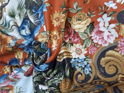 By 26"L Scalamandre Fonthill Paradiso Indiano Tomato Red Exotic Leopard Parrot Safari Bird Print Cotton Green Red Orange blue MSRP USD558/yard