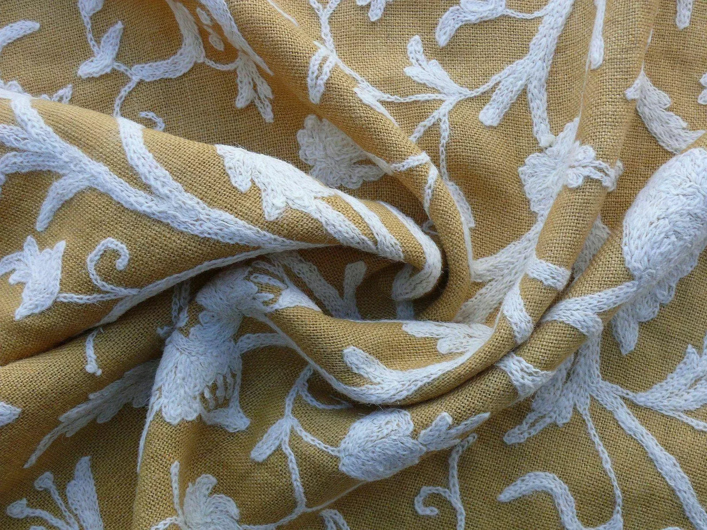 By Yd Old World Weavers Scalamandre Balik Gold Wool Crewel On Jute White on Golden Yellow MSRP USD 304/Y