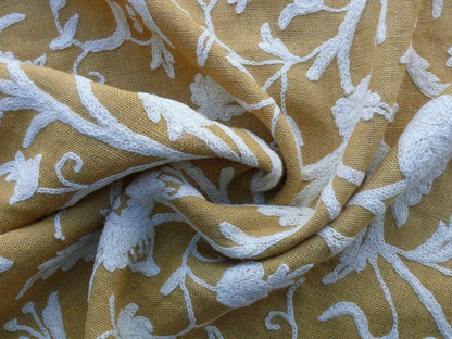 By Yd Old World Weavers Scalamandre Balik Gold Wool Crewel On Jute White on Golden Yellow MSRP USD 304/Y