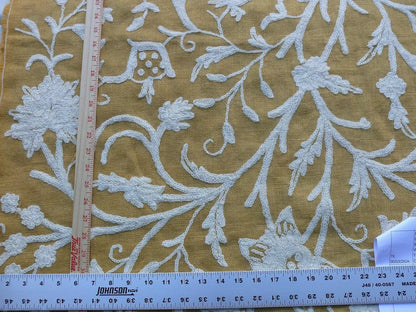By Yd Old World Weavers Scalamandre Balik Gold Wool Crewel On Jute White on Golden Yellow MSRP USD 304/Y