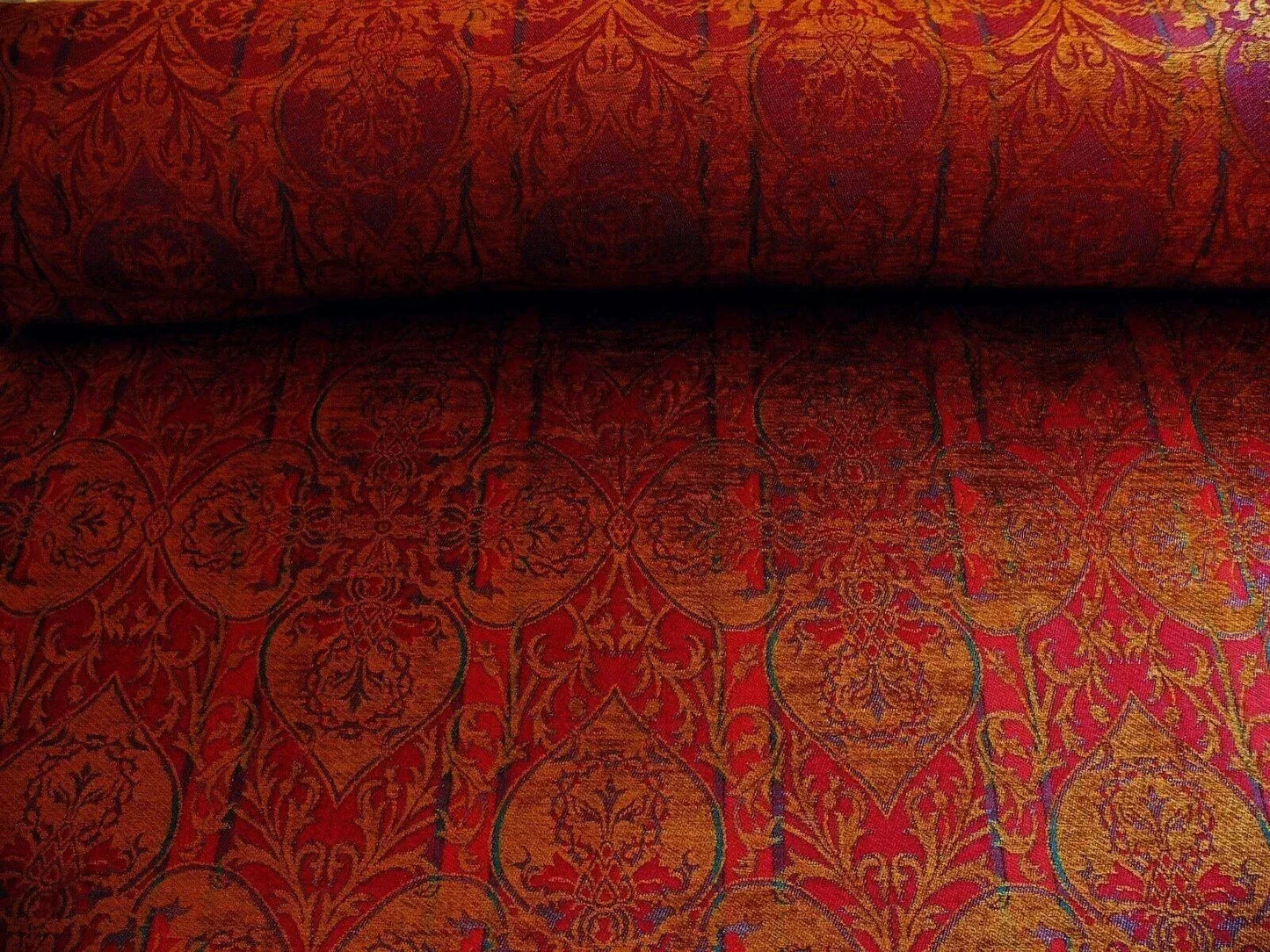 Yd Lee Jofa Gleneagle Damask “garnet” Red Gold Gothic Scottish Wool Chenille Medallion  MSRP USD290/y