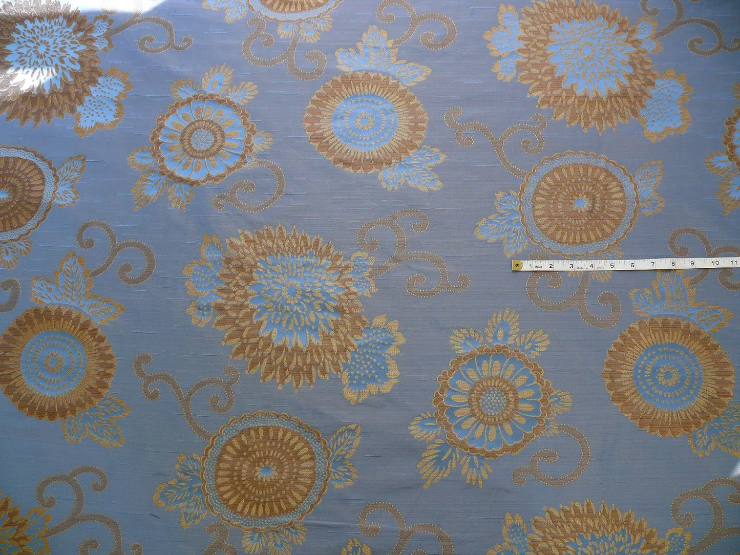 By yard Asian Modern 100% Silk Jacquard Retro Mum "Steel Blue" Brown Blue