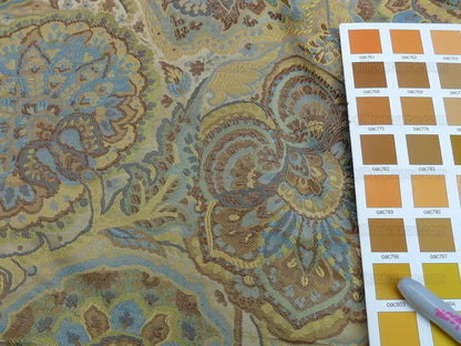 By yd 100% Silk Lampas Kaleidoscope Paisley Blue Gold Bronze MSRP$300+/y