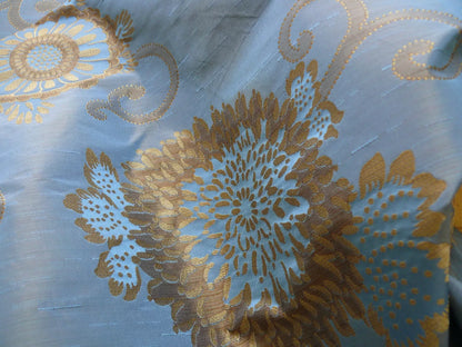 By yard Asian Modern 100% Silk Jacquard Retro Mum "Steel Blue" Brown Blue
