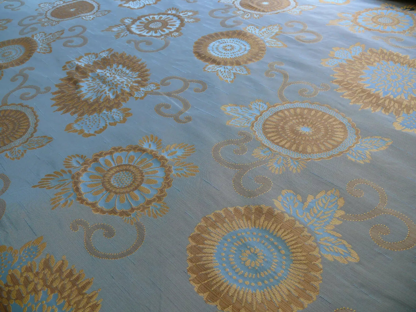 By yard Asian Modern 100% Silk Jacquard Retro Mum "Steel Blue" Brown Blue