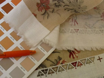 by yard Schumacher Thorp Linen Print Victorian Classy! Tan Red Grey #1364