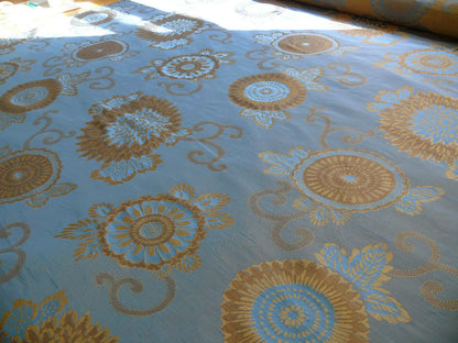 By yard Asian Modern 100% Silk Jacquard Retro Mum "Steel Blue" Brown Blue