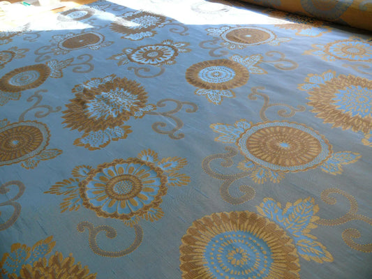 By yard Asian Modern 100% Silk Jacquard Retro Mum "Steel Blue" Brown Blue