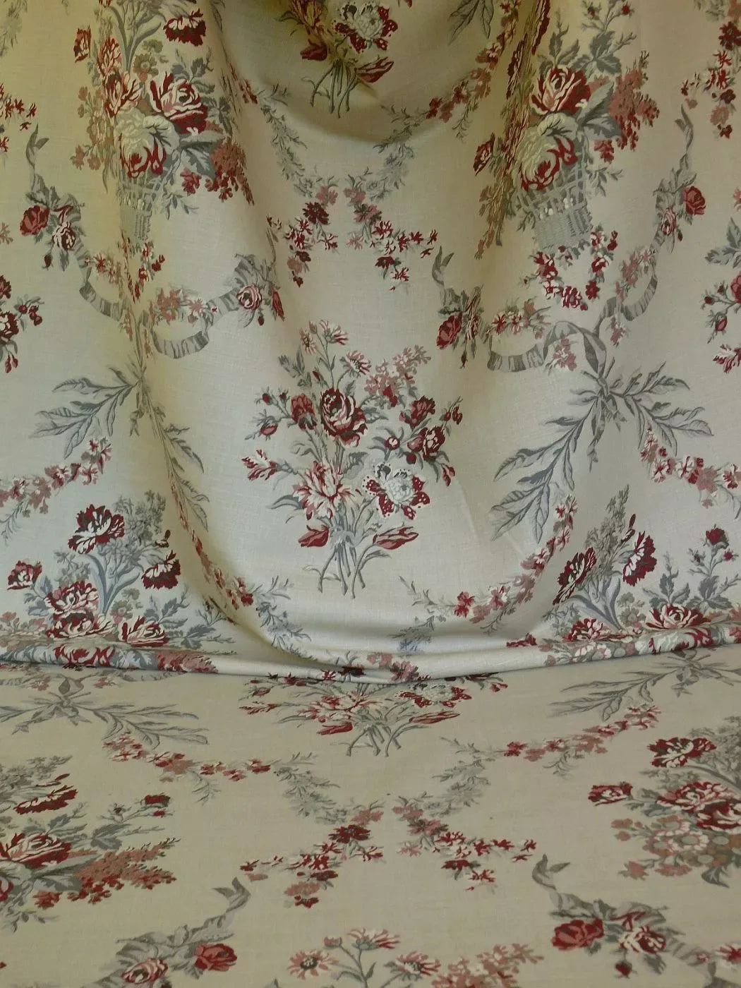 by yard Schumacher Thorp Linen Print Victorian Classy! Tan Red Grey #1364