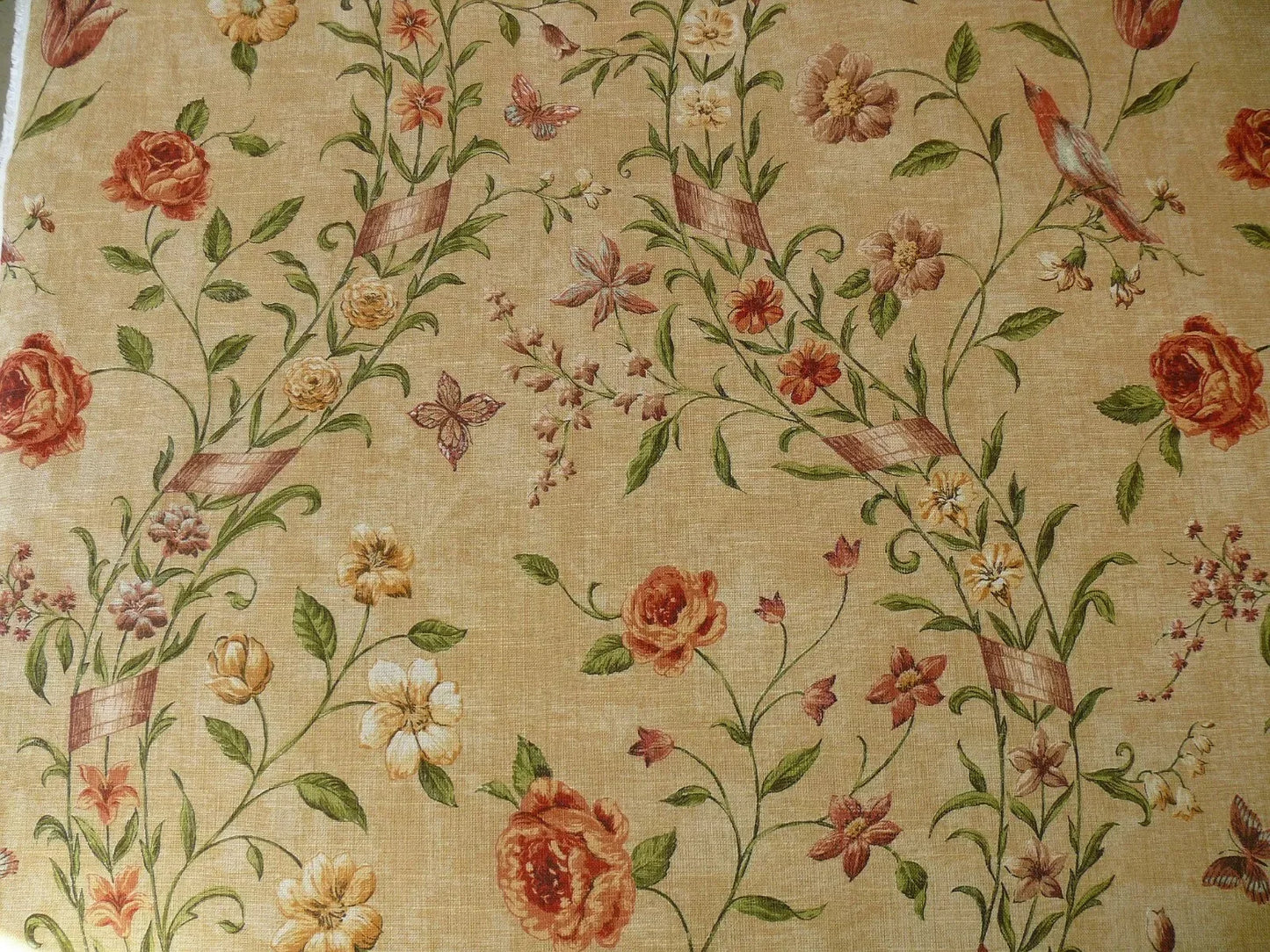 By yard Lee Jofa Sutherland Linen Print Chinoiserie Tree Birds "Honey" Gold Pink Green Linen Cotton MSRP USD238/y