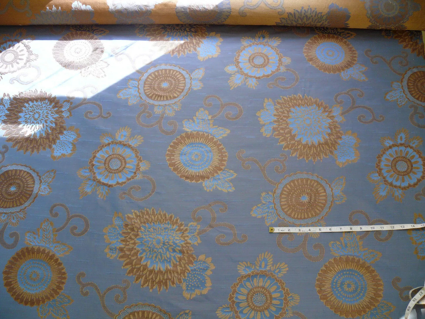 By yard Asian Modern 100% Silk Jacquard Retro Mum "Steel Blue" Brown Blue