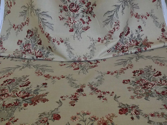 by yard Schumacher Thorp Linen Print Victorian Classy! Tan Red Grey #1364