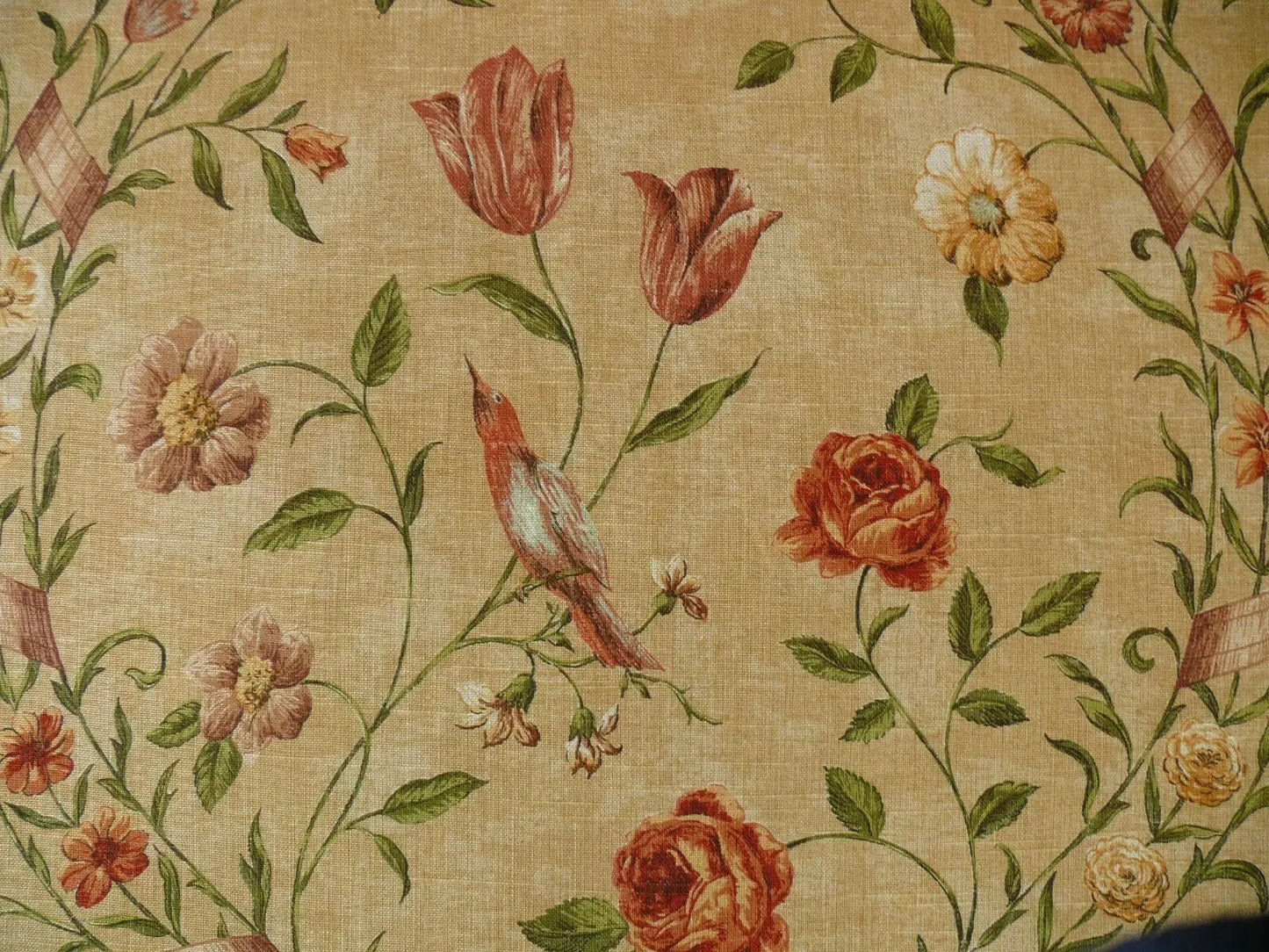 By yard Lee Jofa Sutherland Linen Print Chinoiserie Tree Birds "Honey" Gold Pink Green Linen Cotton MSRP USD238/y