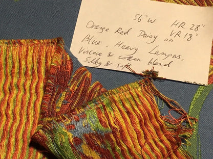 By yard High End Designer Lampas Orange Red Daisy on Blue Heavy! (1561)