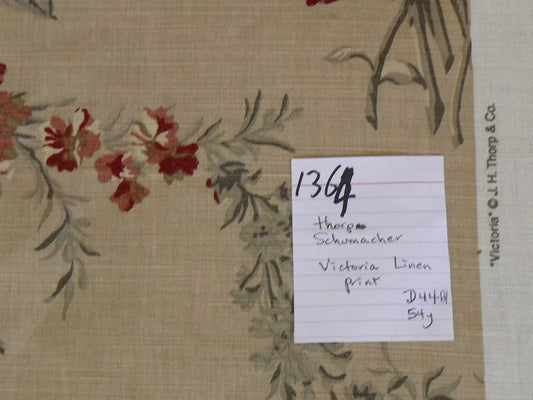 by yard Schumacher Thorp Linen Print Victorian Classy! Tan Red Grey #1364