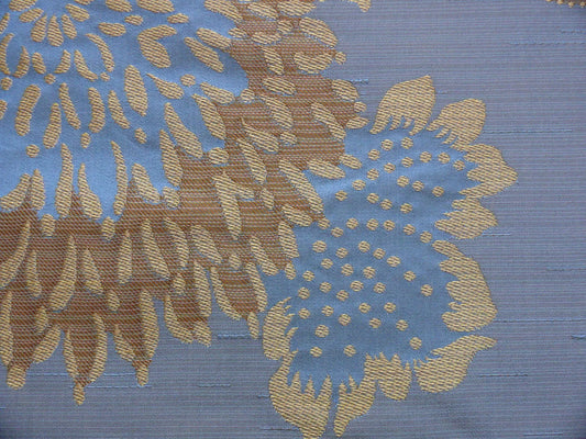 By yard Asian Modern 100% Silk Jacquard Retro Mum "Steel Blue" Brown Blue