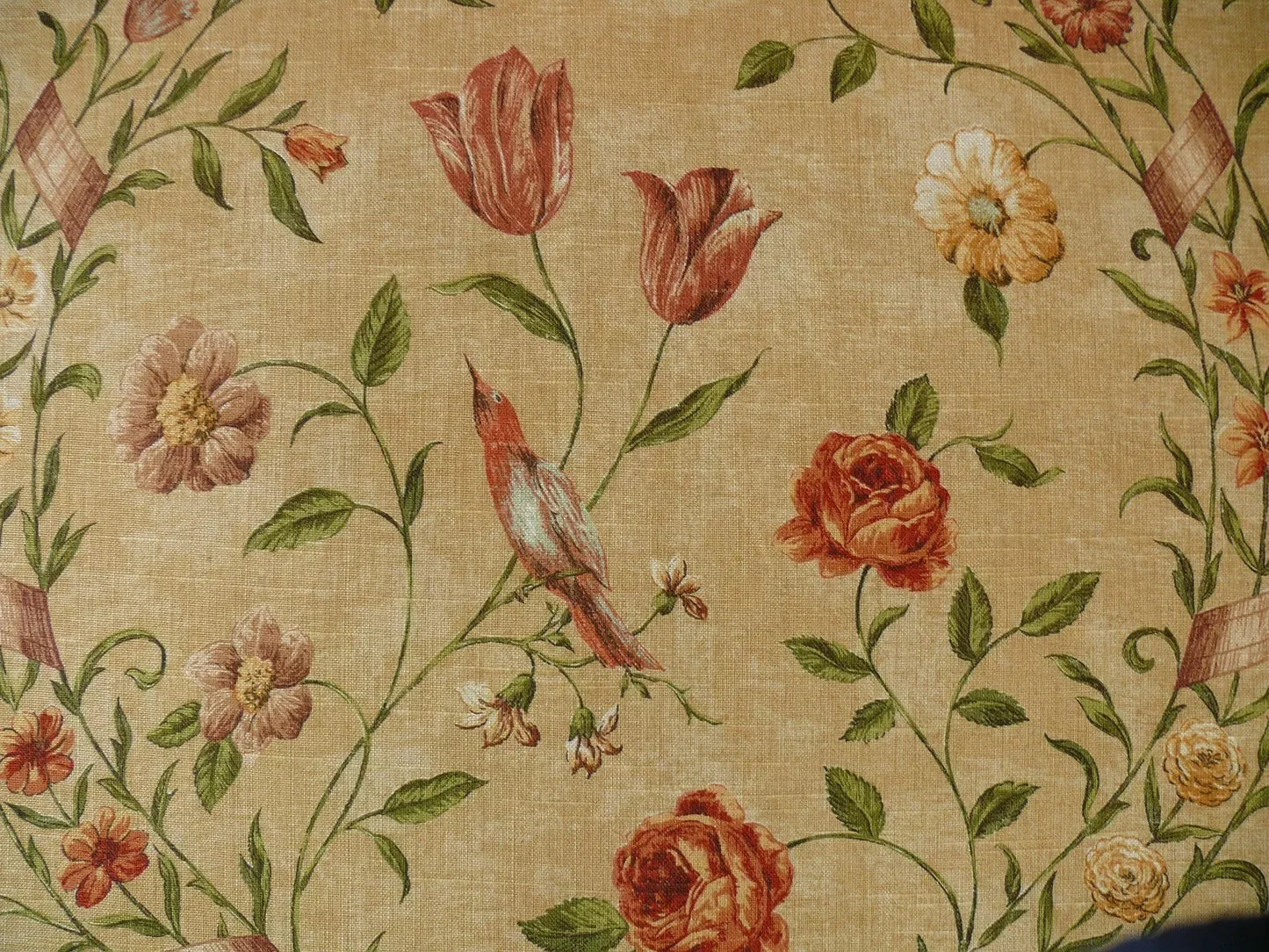 By yard Lee Jofa Sutherland Linen Print Chinoiserie Tree Birds "Honey" Gold Pink Green Linen Cotton MSRP USD238/y