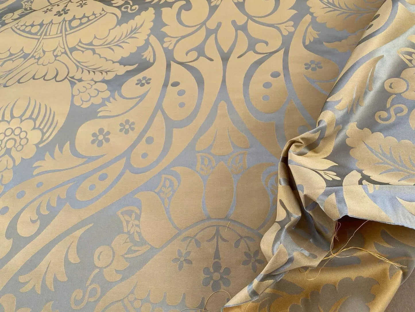 Lee Jofa Alodie Silk Damask, Goldstone Celadon Blue Gold Bronze Silk Cotton 2.5YD MSRP USD276/Y