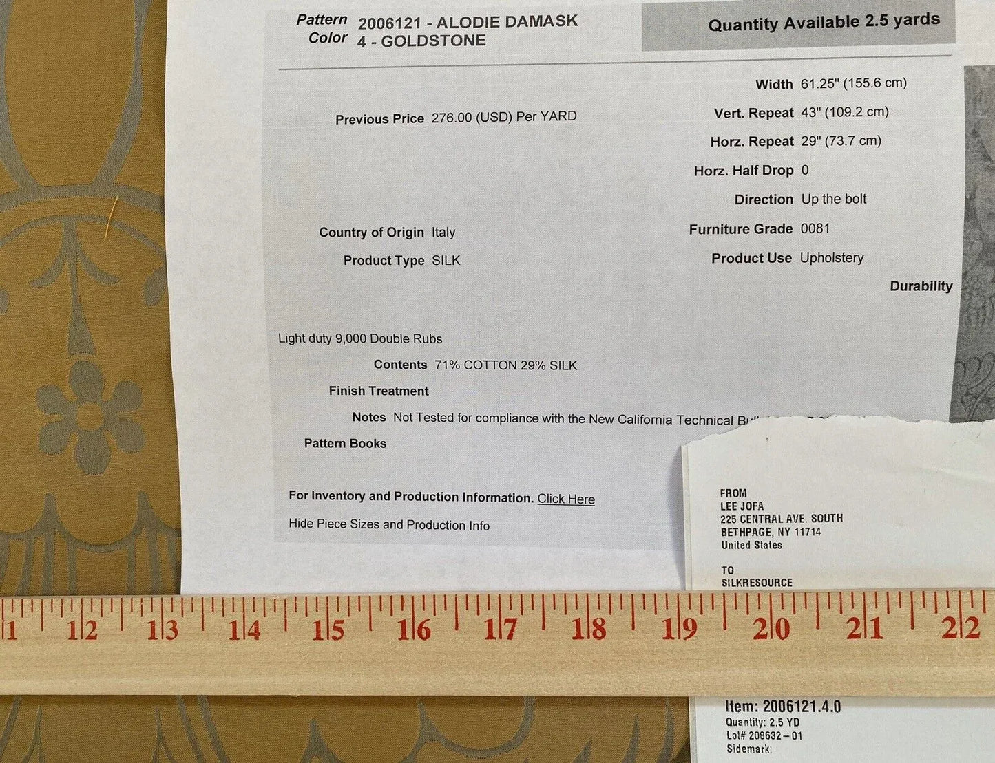 Lee Jofa Alodie Silk Damask, Goldstone Celadon Blue Gold Bronze Silk Cotton 2.5YD MSRP USD276/Y