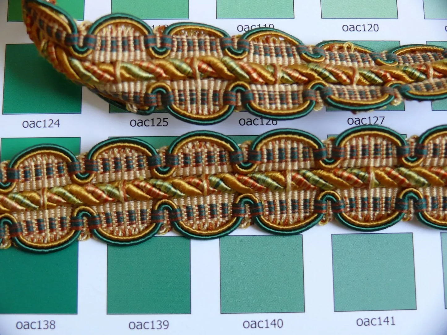 by yard HiEND Italian Tape Gimp Trim Emerald Green Orange Gold 100% Viscose Plastic6