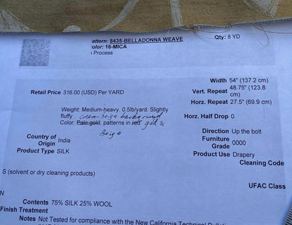 By Yd Kravet Couture Belladonna Silk Wool Damask Gold Cream Pearly Red Berry Vine MSRP$316/Y