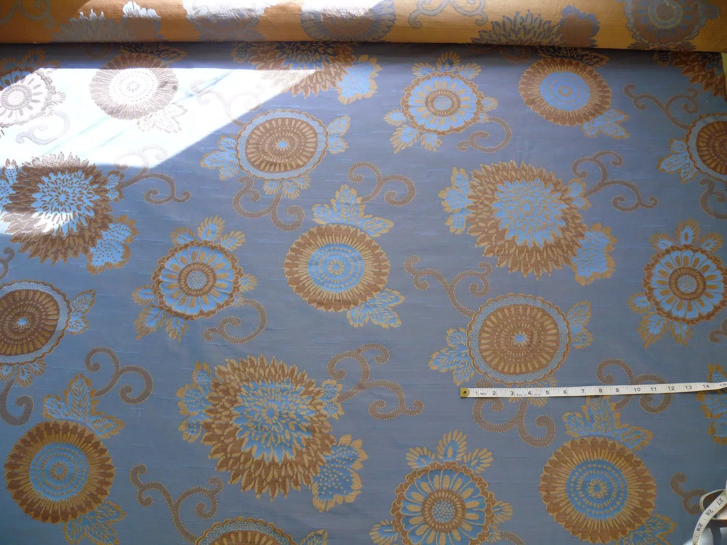 By yard Asian Modern 100% Silk Jacquard Retro Mum "Steel Blue" Brown Blue