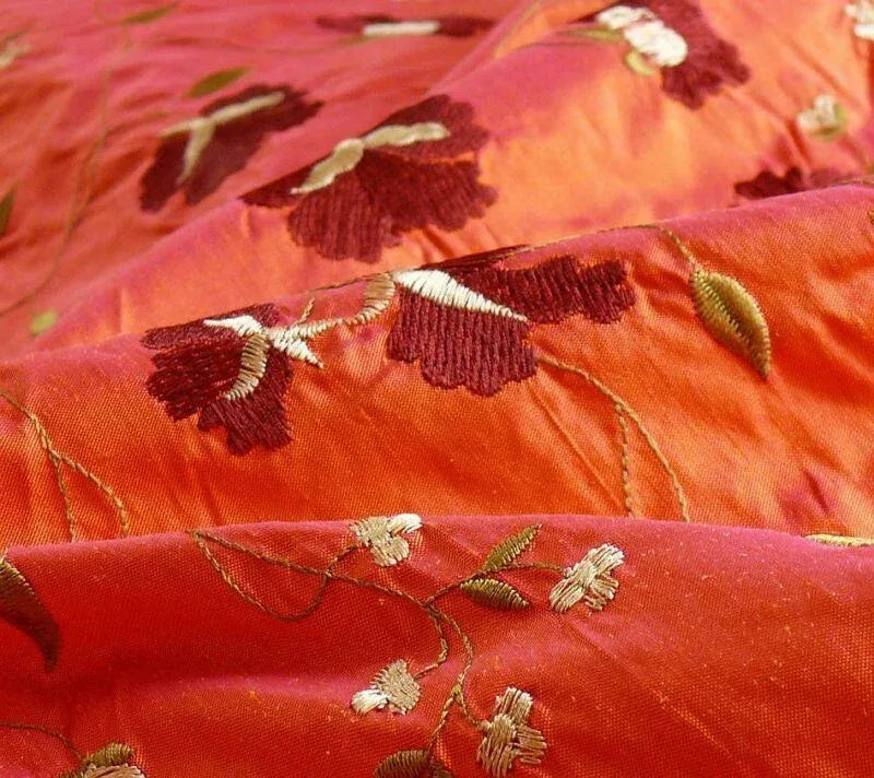 By Yard 100%silk Embroidery Saffron Burgundy Red Fluer #622A