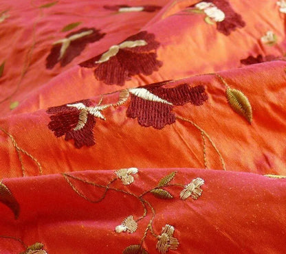 By Yard 100%silk Embroidery Saffron Burgundy Red Fluer #622A