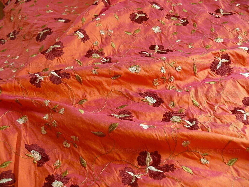 By Yard 100%silk Embroidery Saffron Burgundy Red Fluer #622A
