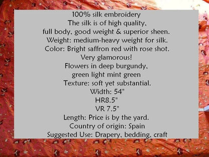 By Yard 100%silk Embroidery Saffron Burgundy Red Fluer #622A