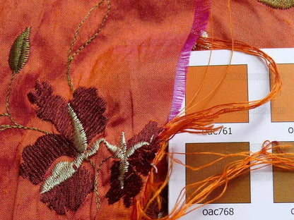 By Yard 100%silk Embroidery Saffron Burgundy Red Fluer #622A